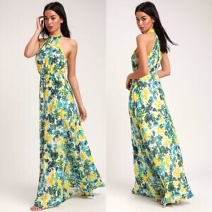 LULUS What a Wonder White Floral Print Halter Maxi Dress Sz S $109 {G42}